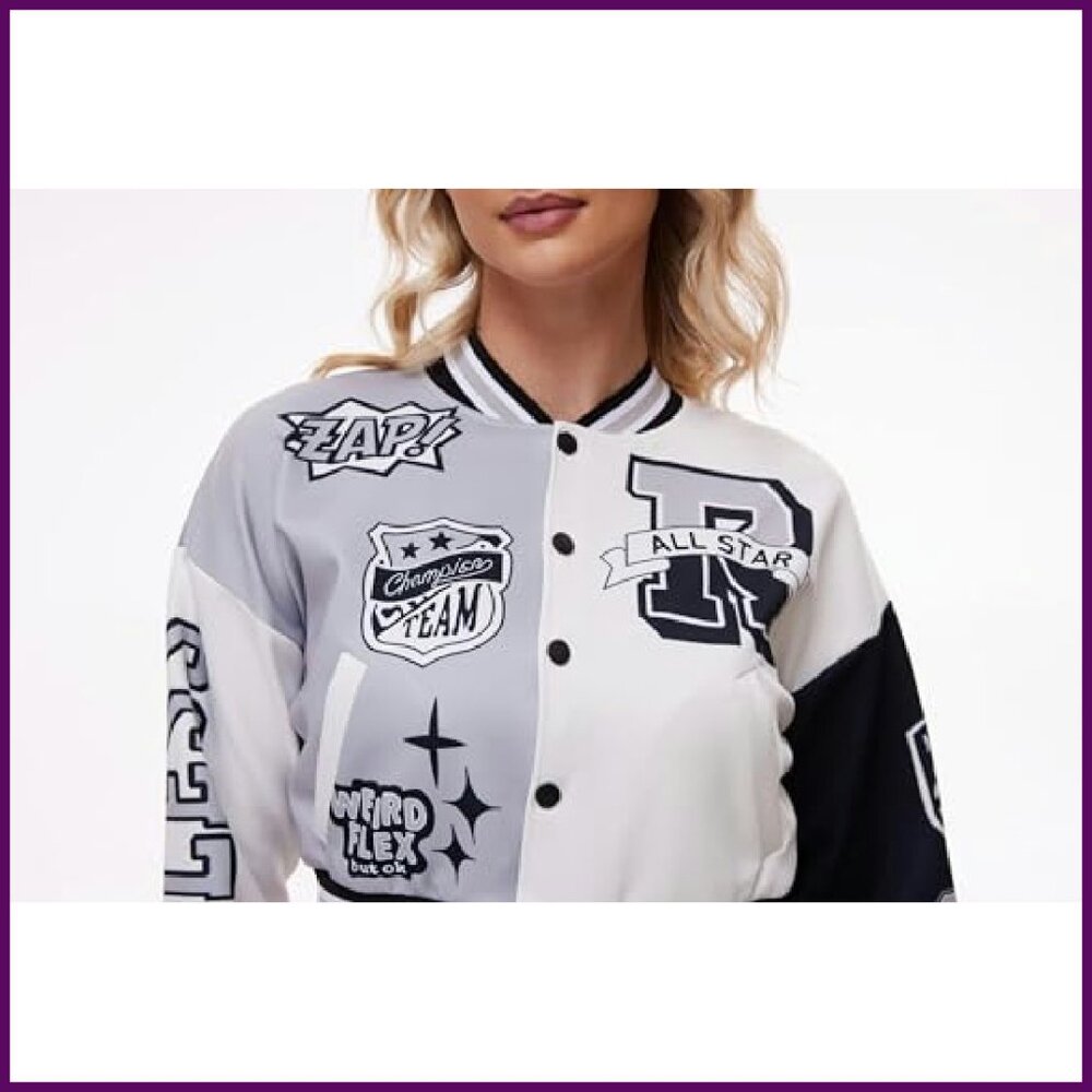 Cropped Varsity Bomber Jacket Polyester Spandex L… - image 3